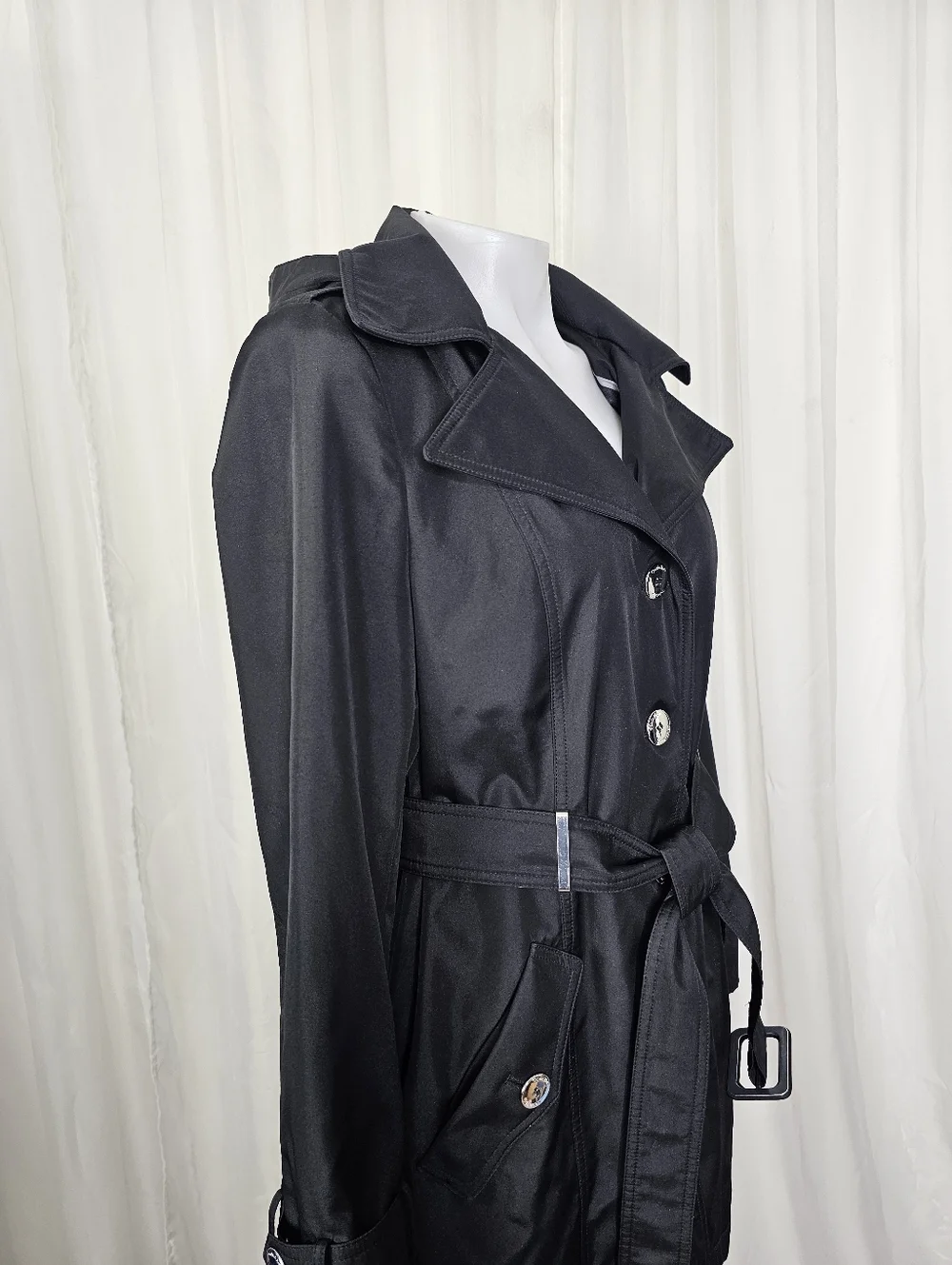 Calvin Klein Black Belted Hooded Lightweight Trench Coat Raincoat Medium - Picture 5 of 14